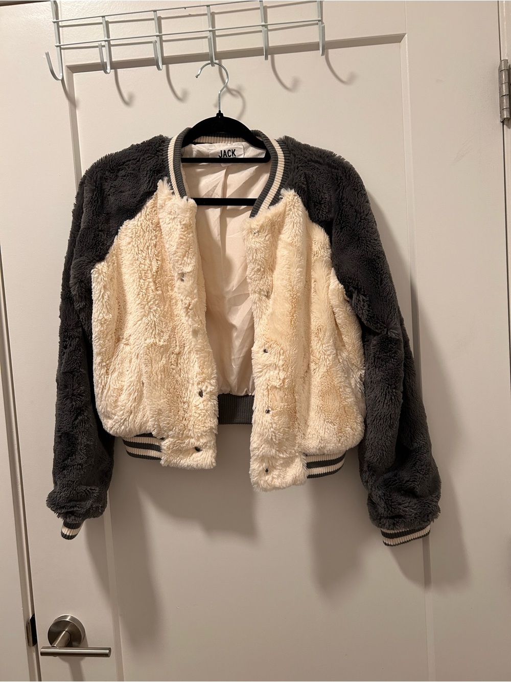 Jack by BB Dakota Faux Fur Varsity Bomber Jacket Grey Cream